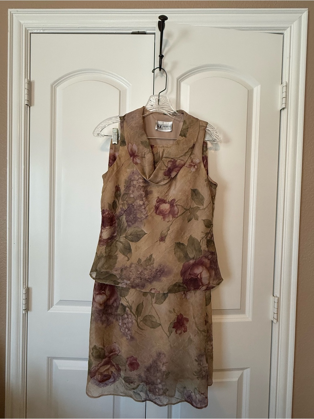 S.L. Fashions Taupe and Plum Floral Sleeveless Skirt Set